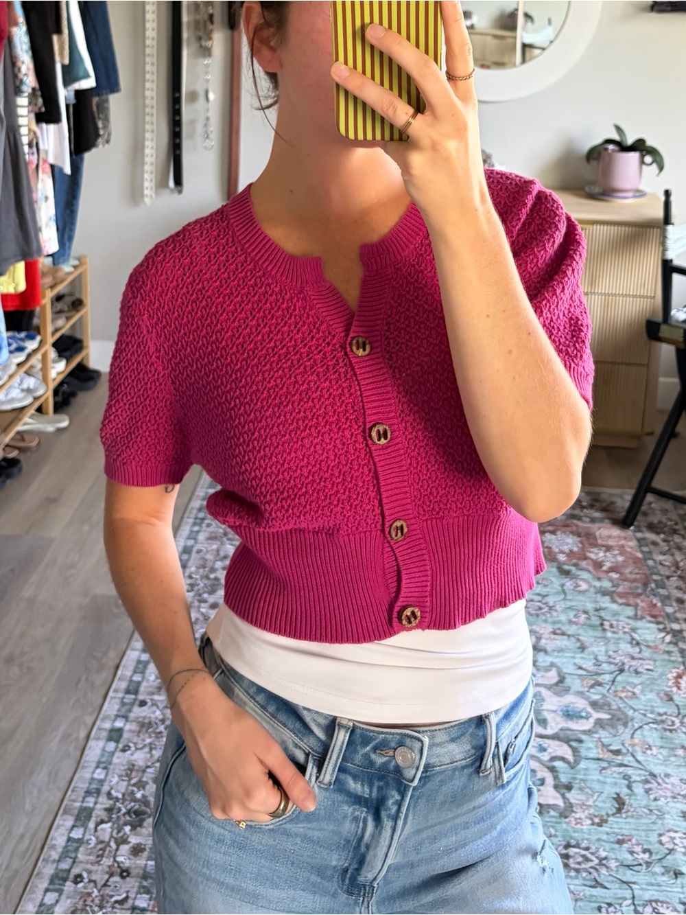 Aeropostale Pink Crochet Knit Short Sleeve Cardigan